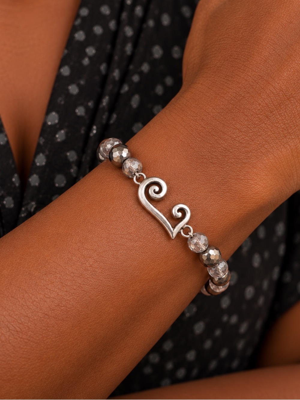 Cookie Lee Silver Tone Heart Scroll Beaded Bracelet Faceted Beads